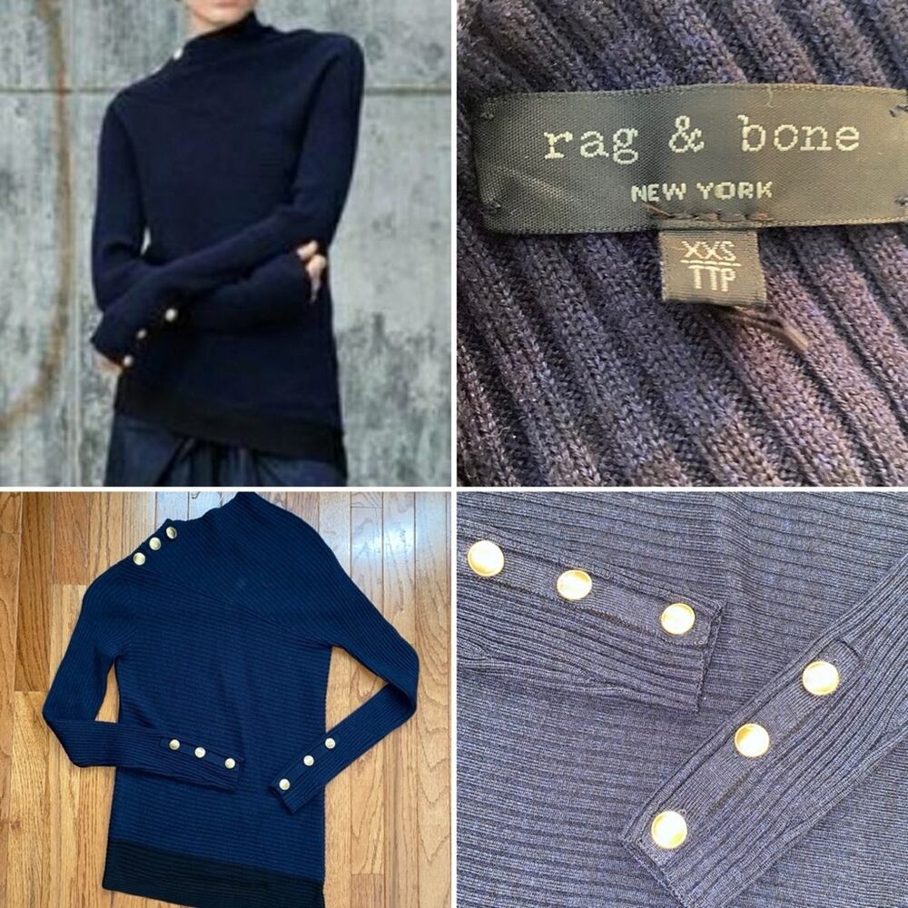 RAG & BONE $398 Reanna Blue Black Rib Knit Asymmetrical Sweater NWOT XXS